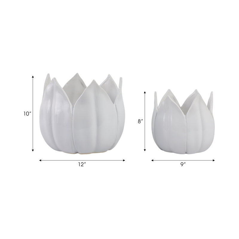Sagebrook Home 2-Pieces Petal Planters, White, White, 7" H x 8" W x 8" D