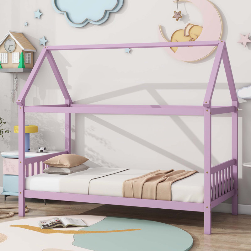 Lit en bois d'hévéa rose avec tête de lit, pied de lit et structure de maison, Rose