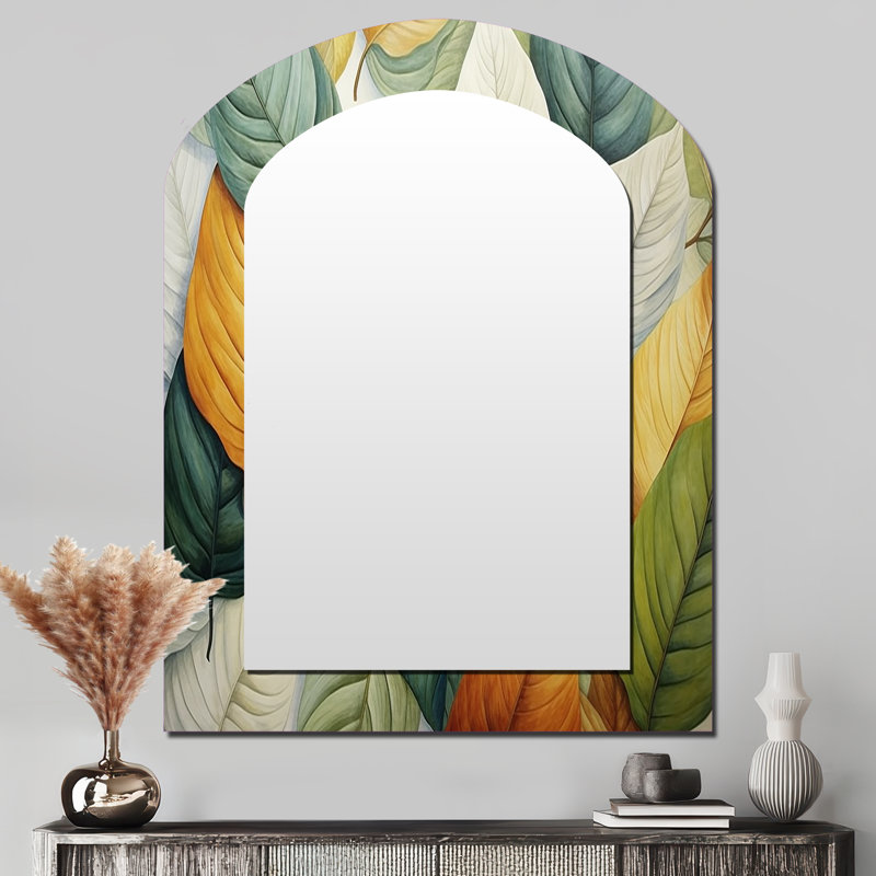 Feuilles vertes et jaunes Tranquility II - feuilles, décor de miroir mural unique, grand miroir asymétrique vert, impression sur métal