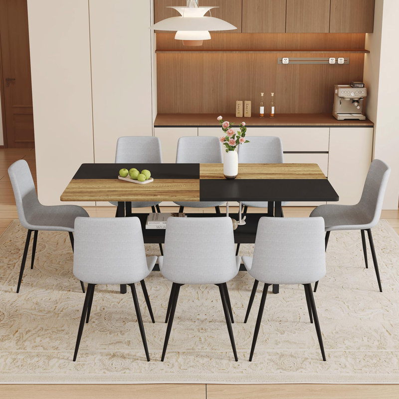 Ensemble de table de salle à manger rectangulaire pour 8 personnes, ensemble de table de salle à manger 71 po avec 8 chaises rembourrées et tablette de rangement, plateau de table en bois avec structure en métal
