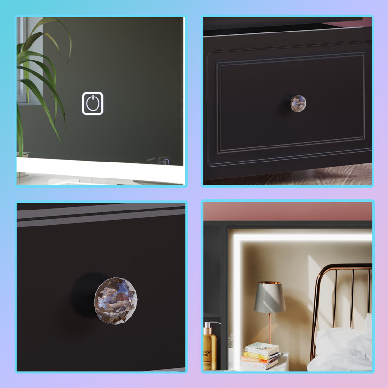Modern Black Vanity Set with Lighted Mirror & 9 Drawers