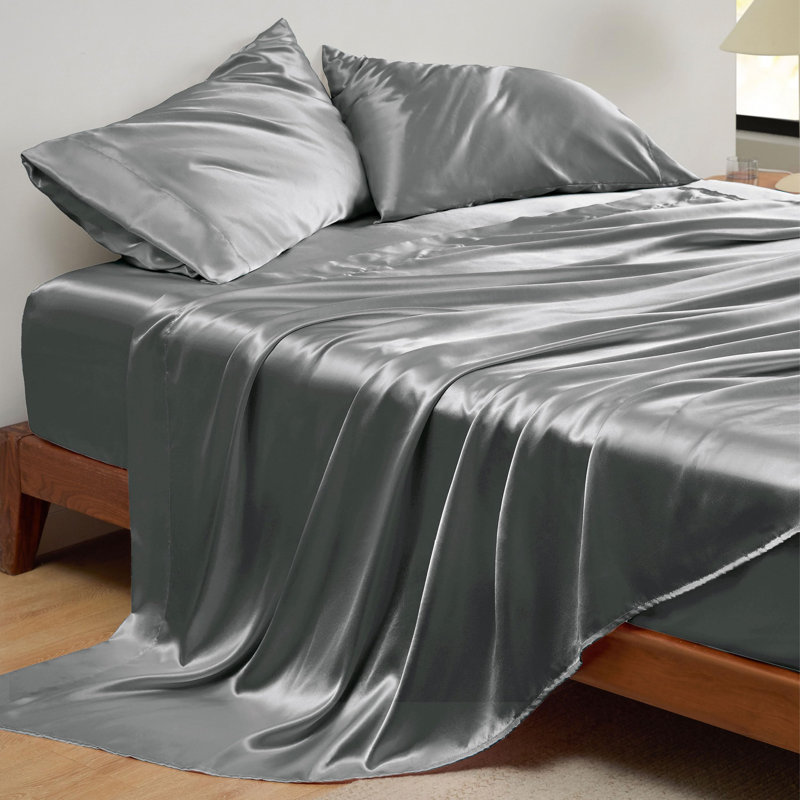 Bedsure Satin Sheet Set King Size - 4 Piece Silky Bedsheets with 15" Deep Pocket (King, Silver Grey), King, Light Silver