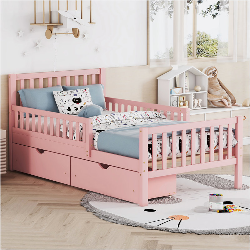 Twin Wood Platform Bed with Guardrails on Both Sides and Two Storage Drawers, Pink