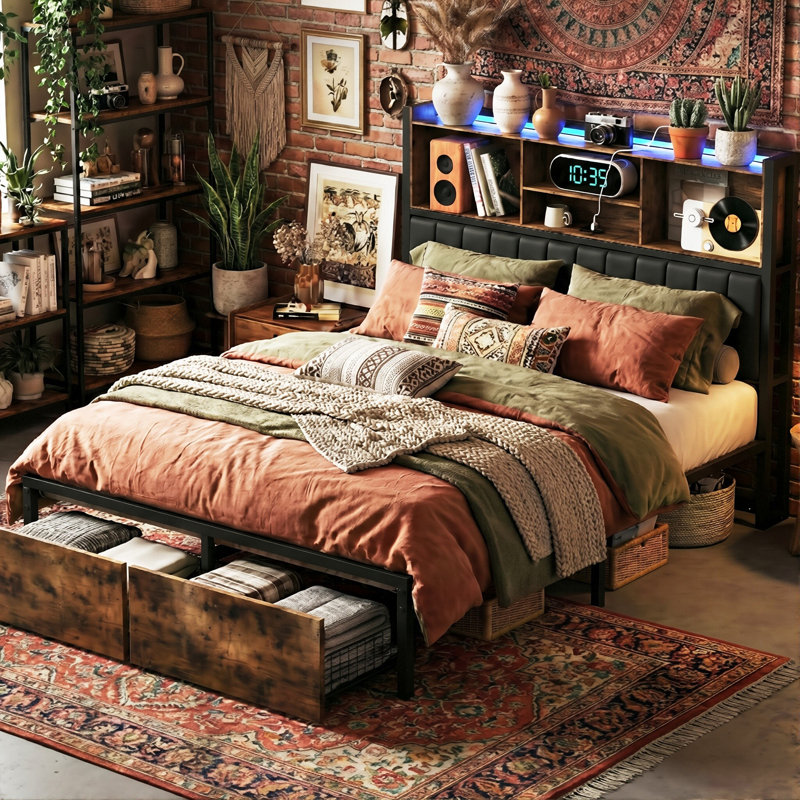 Industrial Metal Storage Bed With Bookcase Headboard & Charging Station (USB/Type-C), 140X200cm European Double / 160X200cm King, Rustic Brown & Black PU Frame With LED & 2 Drawers