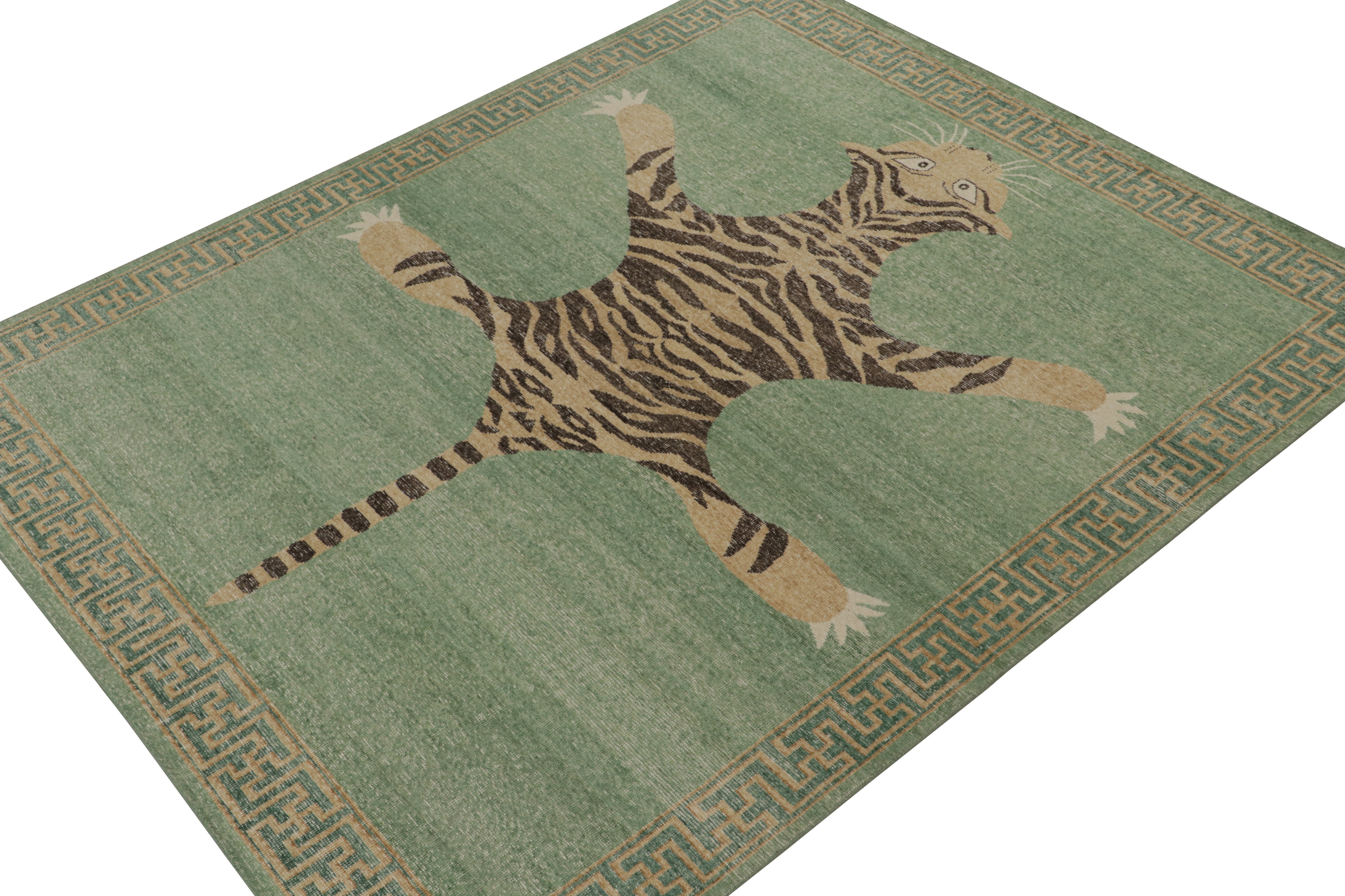 Rug & Kilim’S Distressed Tiger Runner In Green, Beige & Black Pictorial ...