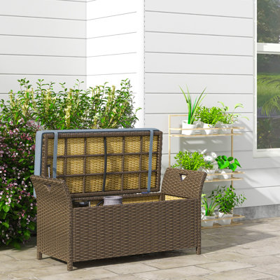 Outsunny 27 Gallon Patio Wicker Storage Bench, Outdoor PE Rattan Patio Furniture, 2-In-1 Large Capacity Rectangle Garden Storage Box with Handles and Cushion, Dark Blue