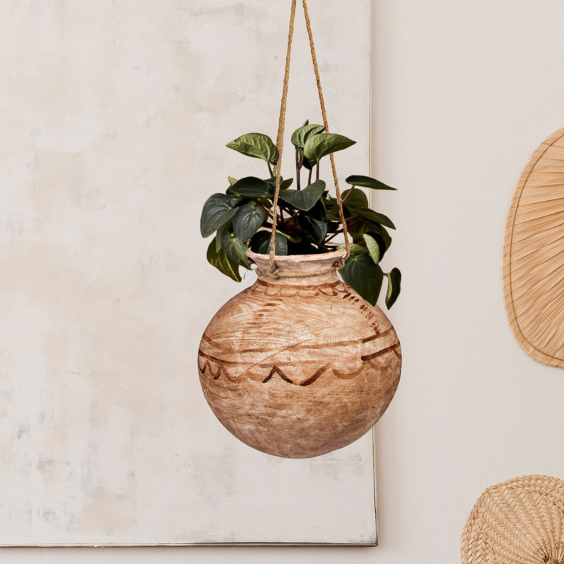Round Clay Planter Pot with Painted Design and Jute Rope