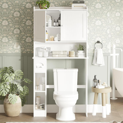 Over The Toilet Storage Cabinet Double Door Bathroom Organizer with Adjustable Shelves, Toilet Paper Holder