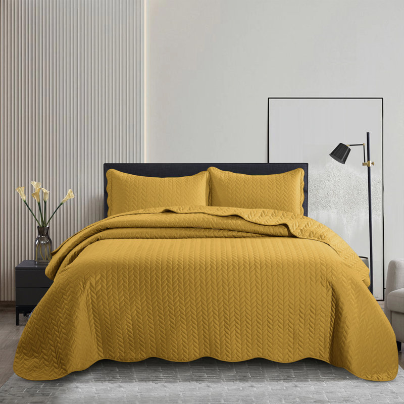 Ensemble de couvre-lit en microfibre embossée - Ensemble de literie moderne et léger avec taies décoratives, Ocre