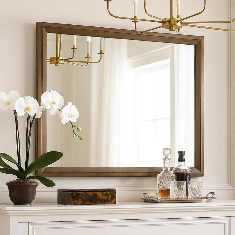 Lary Dresser Mirror, 45 Inch Rectangular Frame, Walnut Brown Okume Veneer
