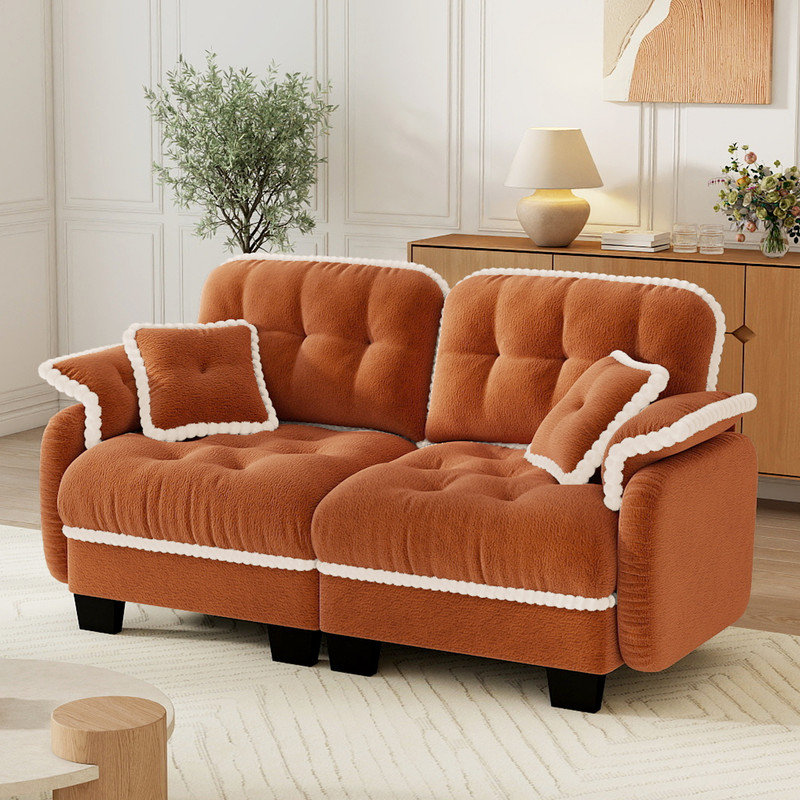 Canapé en chenille Cloud avec coussins et garniture à pompons, beige, 2 sièges, Orange