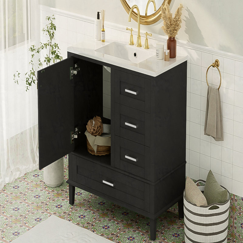 Meuble-lavabo moderne 36 po avec cadre en pin massif, 1 porte à fermeture douce et 3 tiroirs, armoire de rangement moderne