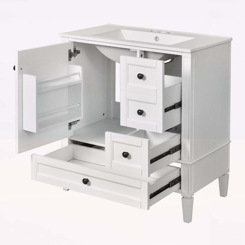 Armoire de salle de bain moderne avec lavabo en céramique, Blanc, Argent argent
