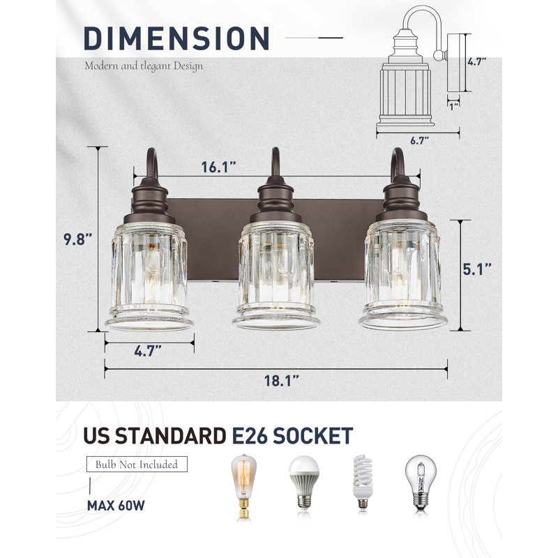 3-Light Vintage Vanity Light, Bell Shaped Fluted Glass, Oil Rubbed Bronze, Oil Rubbed Bronze, 3 Lights 