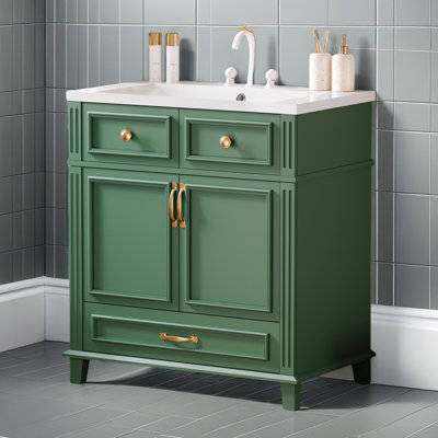 Meuble-lavabo de 30 po avec lavabo en résine, armoire de rangement en bois massif avec portes à fermeture douce, style rétro