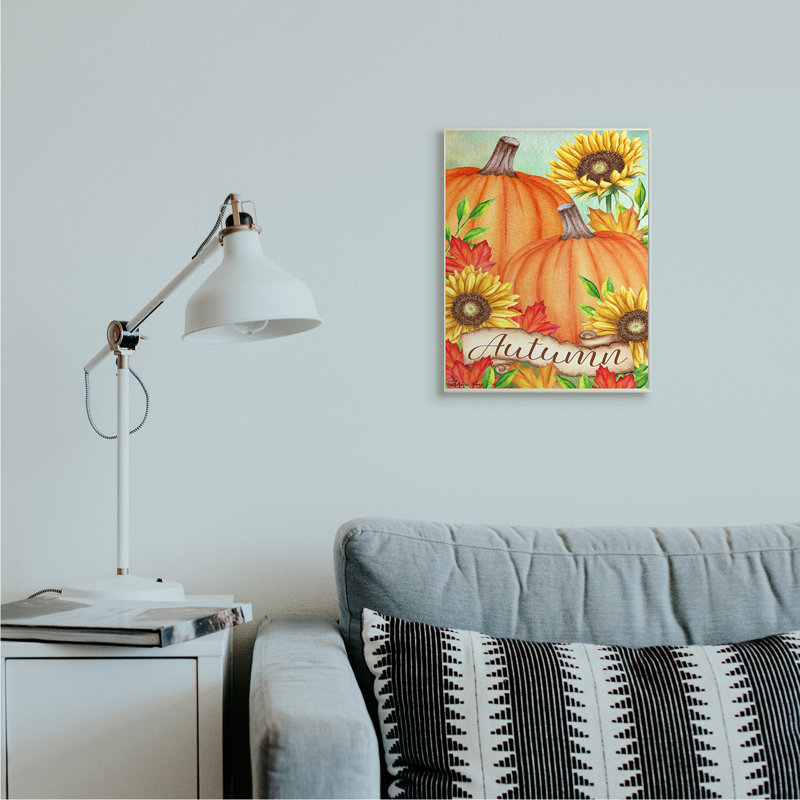 Citrouilles d’automne avec feuilles de tournesol rouge par Sheri Hart-impression d’art graphique, Plaque en bois