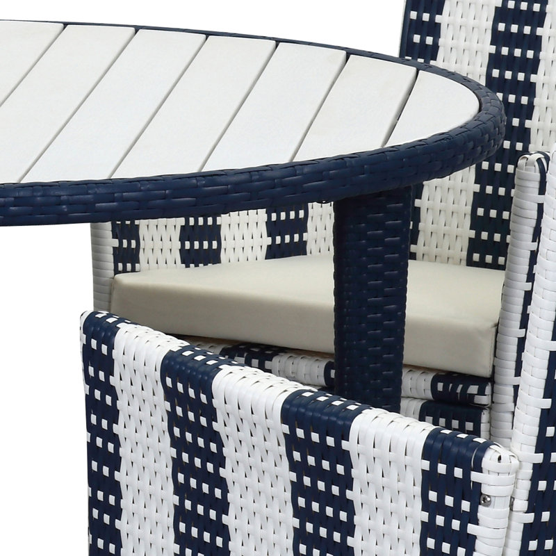 Ensemble repas 5 pièces avec coussins Rodric, Bleu marine/blanc