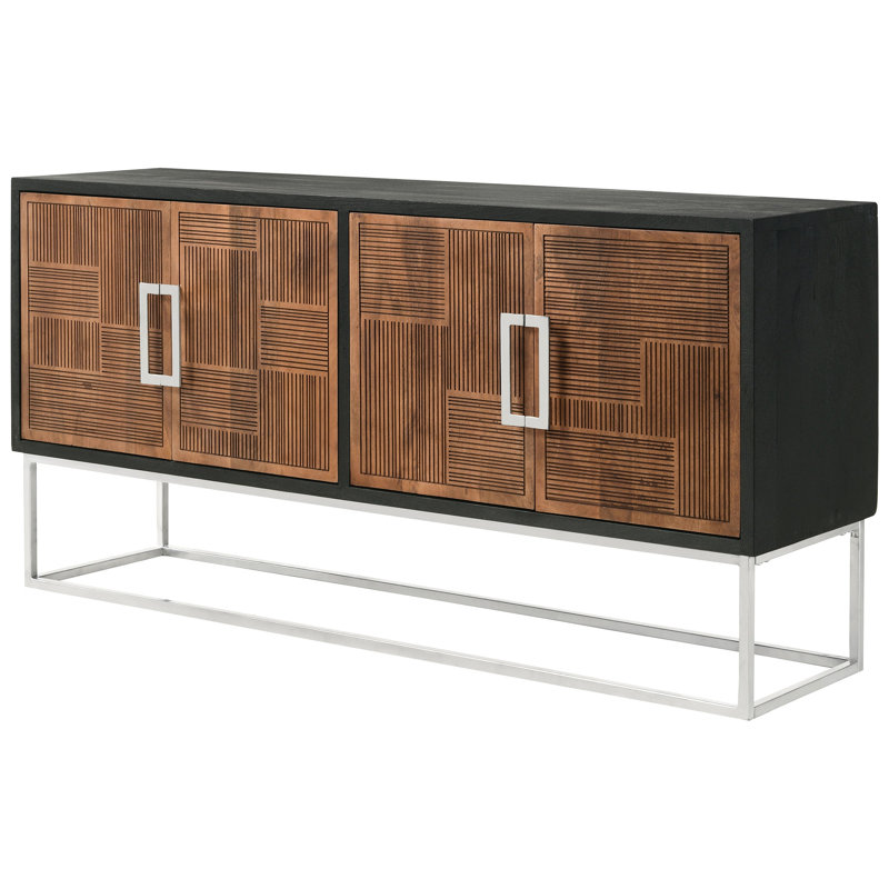 Unité de rangement 4 portes en noyer et argent, design rustique, charme industriel, structure en fer, finition, bois de manguier, tiroirs à fermeture en douceur, tablettes fixes, armoire d'organisation de salon avec minimaliste exotique