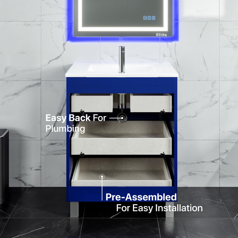 Meuble-lavabo simple 24 po avec plateau en porcelaine Marlaya, Bleu