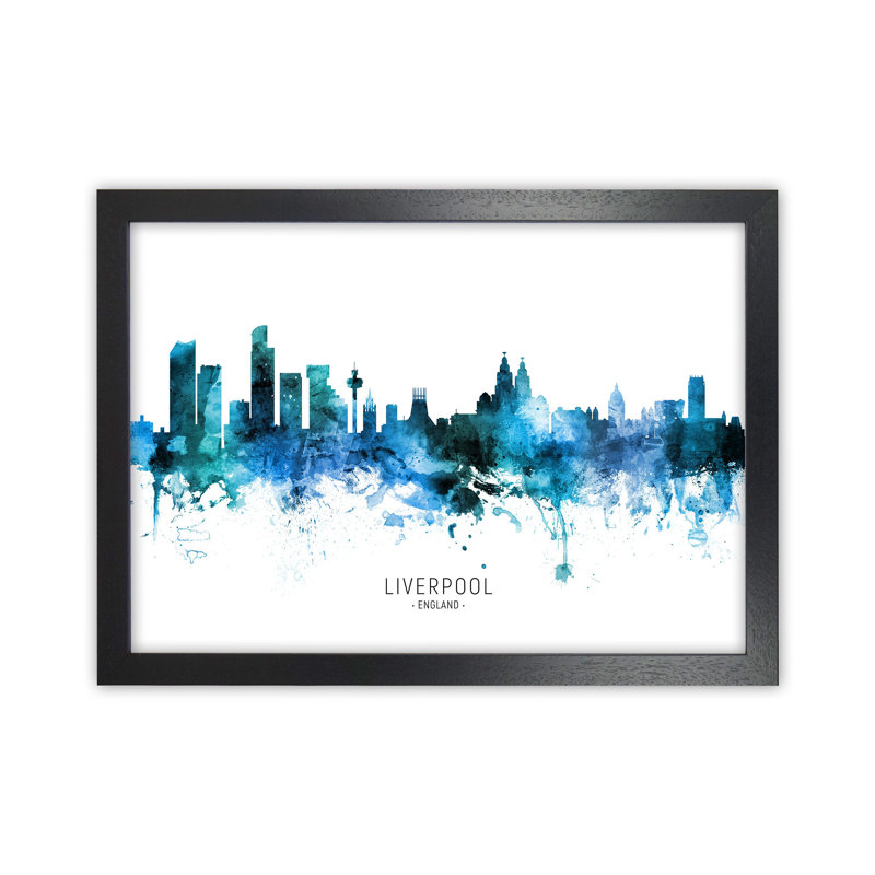Liverpool England Skyline Blue City Name by Michael Tompsett - Print, 64cm H x 88cm W x 3cm D, Black Framed