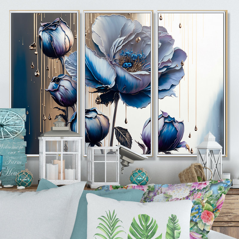 «Ice Blue and Purple Violets II», reproduction de cadre flottant sur toile 3 pièces, H 28 po x l 36 po x P 1 po, Cadre blanc