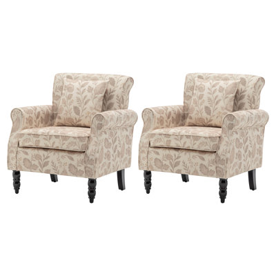 Vintage Floral Upholstered Armchair With Rolled Arms And Wooden Legs(Set Of 2)