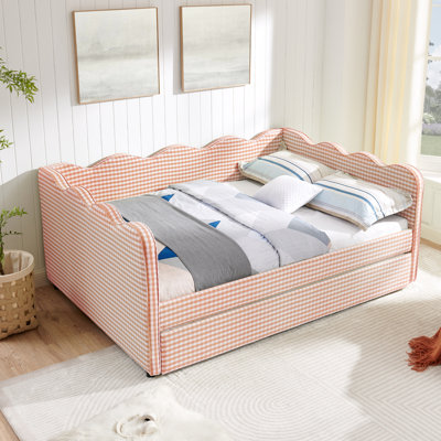 Full Size Cozy Gingham Daybed with Twin Size Trundle  No Box Spring Needed, with USB Port and Adorable Wave Shaped, Linen Fabric