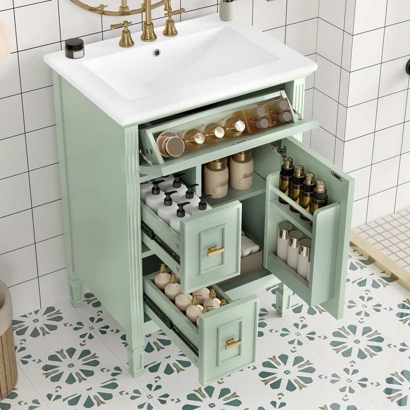 Meuble-lavabo autoportant de 24 pouces avec lavabo - Armoire en bois massif vert et panneau de fibres à densité moyenne avec tiroir rabattable, tablette réglable et rangement pour l'organisation moderne de la salle de bain