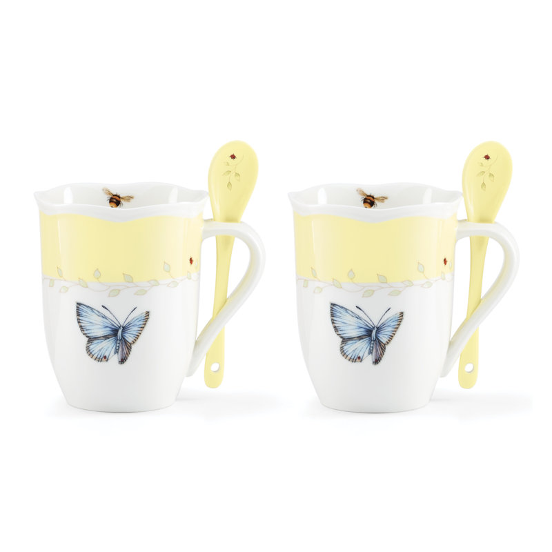Ensemble de 2 tasses Lenox Butterfly Meadow jaune avec cuillères