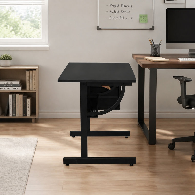 Table à dessin réglable noire avec 3 tiroirs, bureau en MDF inclinable, structure en métal et tabouret