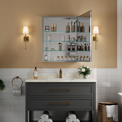 12 In. W X 30 In. H Bi-view Rectangular Medicine Cabinet With Mirror, Adi Glass Shelves, Recessed/wall Mount