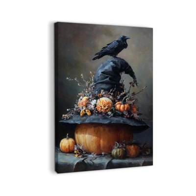 Fall Halloween Wall Art, Gothic Raven and Pumpkin Still Life, Modern Minimalist Gallery Style, Living Room, Entryway, Bedroom, Halloween Pictures Wall Decor, 18×24 inches
