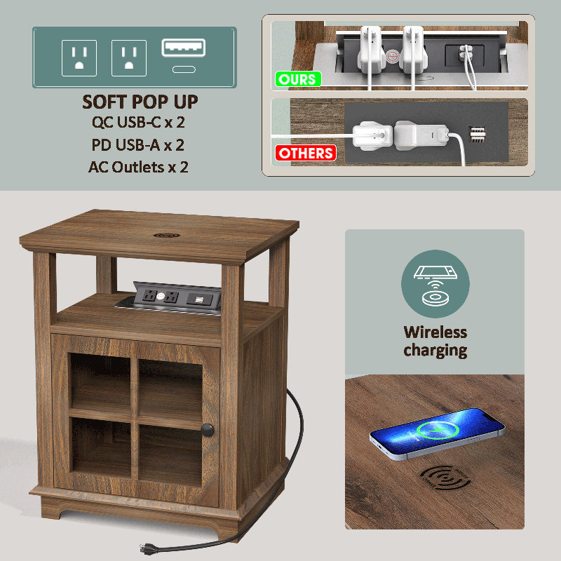 Cherelyn 24" Tall End Table with Storage and Built-In Outlets, Walnut, Walnut
