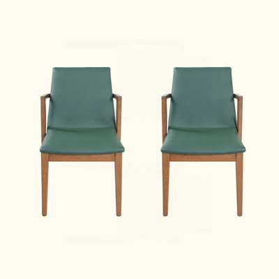 Mid-Century Modern Dining Chairs Set of 2 - Upholstered Armchairs with Walnut Color Rubber Wood Frame, 250lbs Capacity for Kitchen & Dining Room