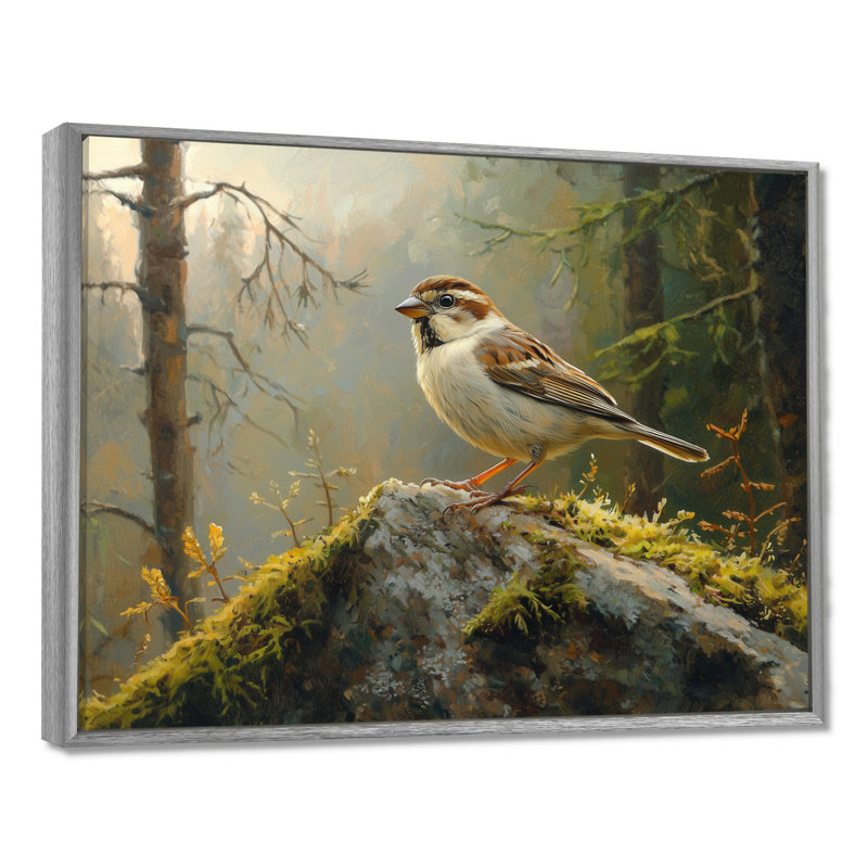 Oiseau moineau sur un rocher de forêt II - art mural oiseau pour le salon, H 34 po x l 44 po, Cadre flottant, Argent argent