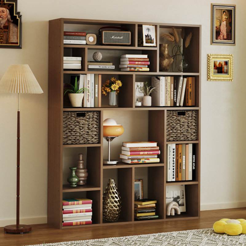71" H Large Woodern Sturdy Bookshelf Bookcase, Thickened 18mm Freestanding Display Storage with Open Shelves and 2 Wicker Baskets, for Home Office, Living Room & Bedroom