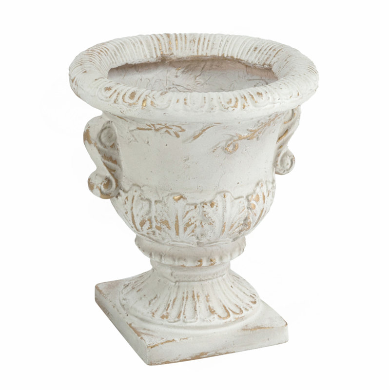 9.4X9.4X10.6" Decorative White Urn Planter With Distressed White Finish And Gold Accents