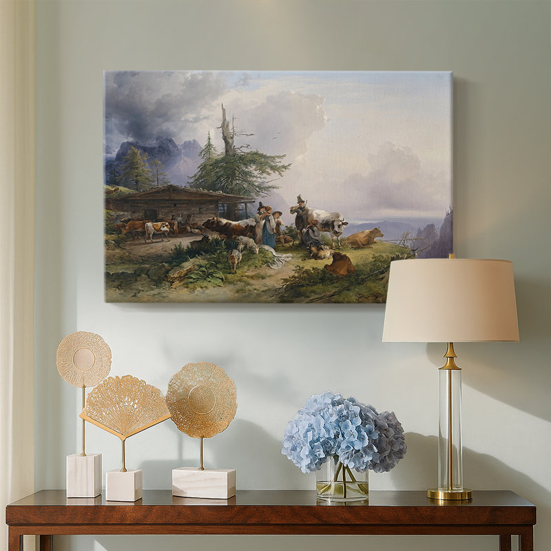 Paysage alpin avec un berger et un bouvillon-Art sur toile tendue avec châssis-Gauermann-c. Milieu du 19e siècle