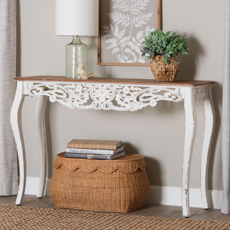 Baxton Studio Riquin Distressed Wood Console Table - Carved Wood Accent Table with Floral Motif and Two-Tone Finishing