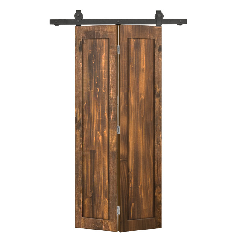 1 Panel Shaker Pine Wood Bi-Fold Door with Sliding Barn Door Hardware Kit, Walnut, 20" x 80"