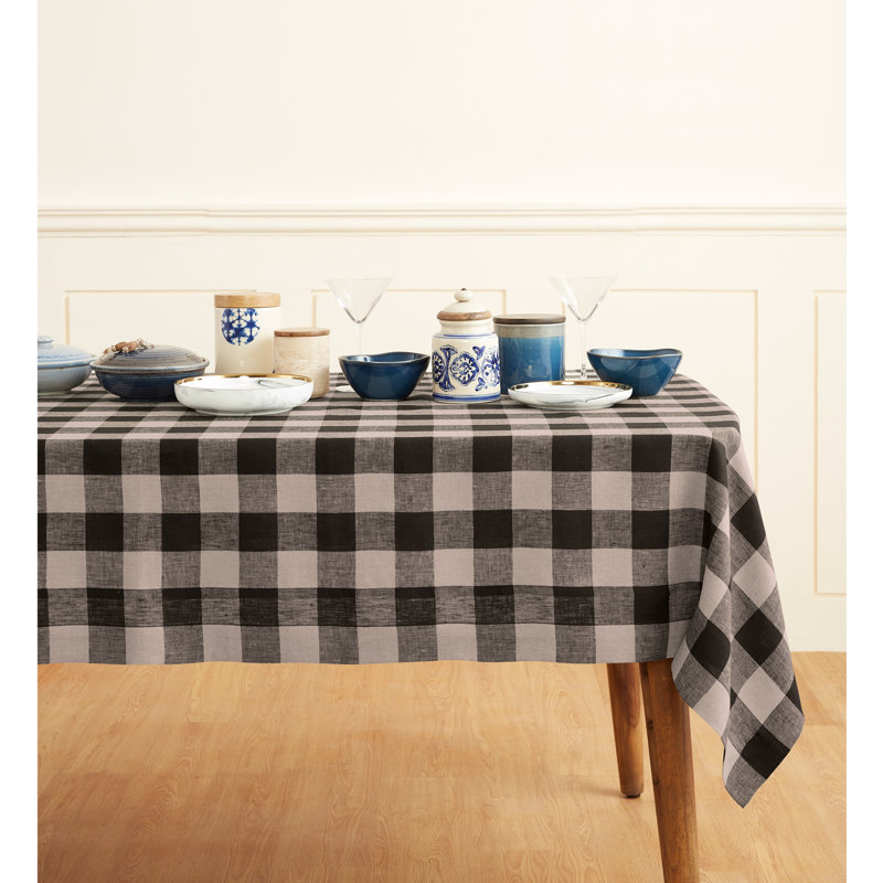 Buffalo Check - 100% Pure Linen Tablecloth, Natural/Black, 108" x 60"
