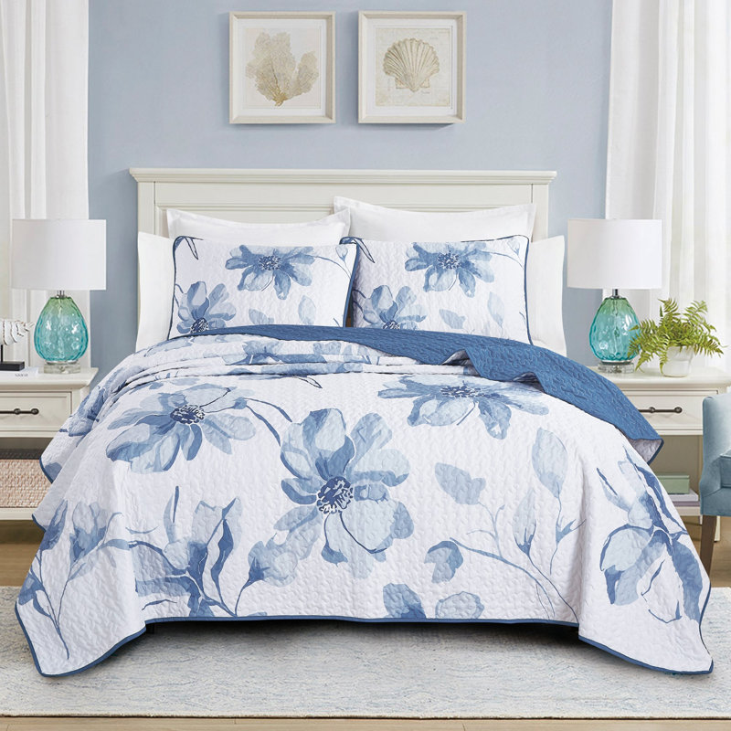 Ensemble de courtepointe à motif floral Indigo Bloom avec taies décoratives assorties, Grand lit