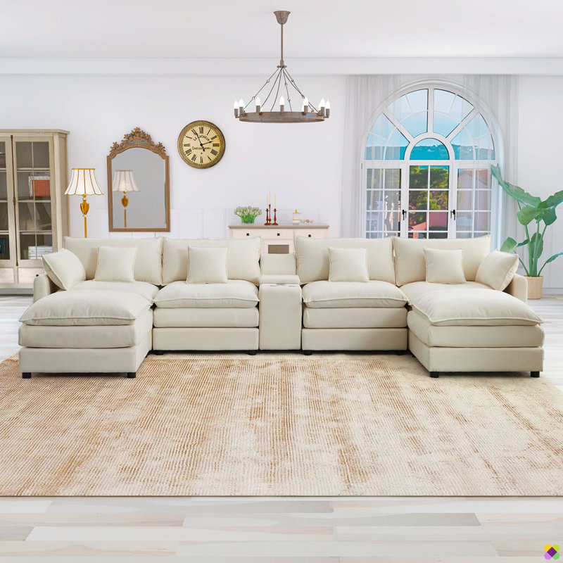 Merchelle 144.5"W 7 Piece Modular Sectional, Console, Cup Holders, USB Ports, Beige Chenille