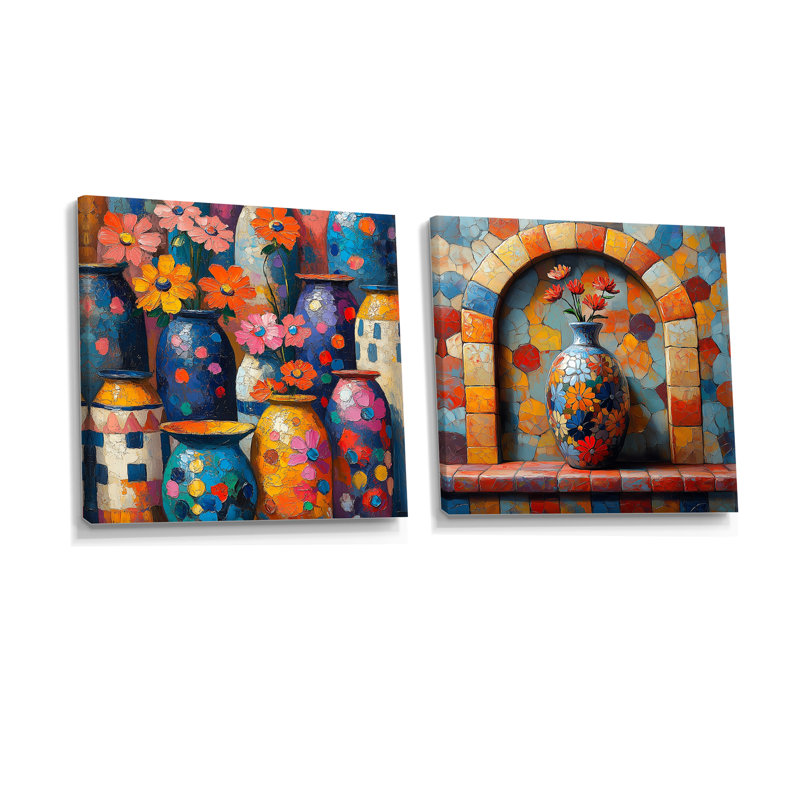 Floral et poterie au Maroc I - décoration murale poterie marocaine - art mural traditionnel 2 pièces, Toile tendue