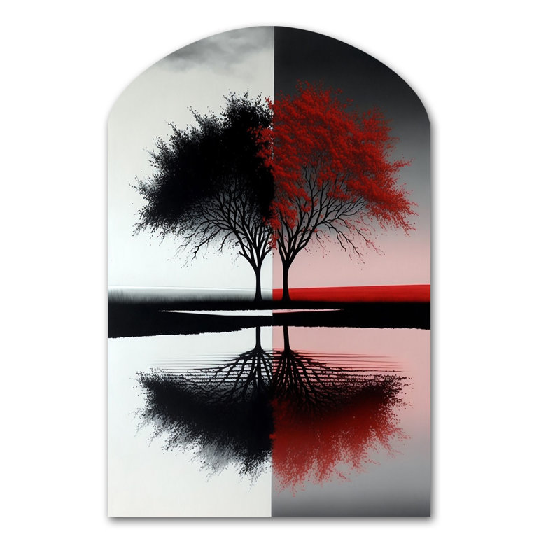 Arbres abstraits rouges et noirs au bord du lac - Paysage, forme d'arche, art mural asymétrique, H 43 po x l 33 po