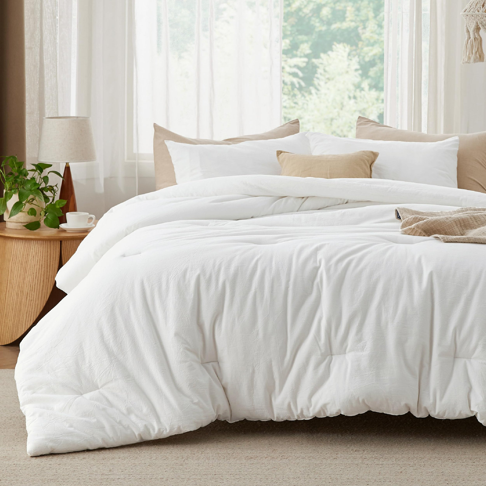 Pre-Washed Cotton Comforter Set, Queen Comforter + 2 Additional Pieces, White