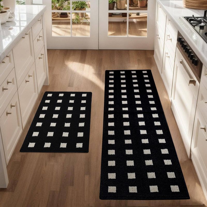 Kitchen Mats 2 - Piece Non Slip,Absorbent  Machine Washable Rug for Laundry,Entry, Rectangle 1'5" x 4'11, Black