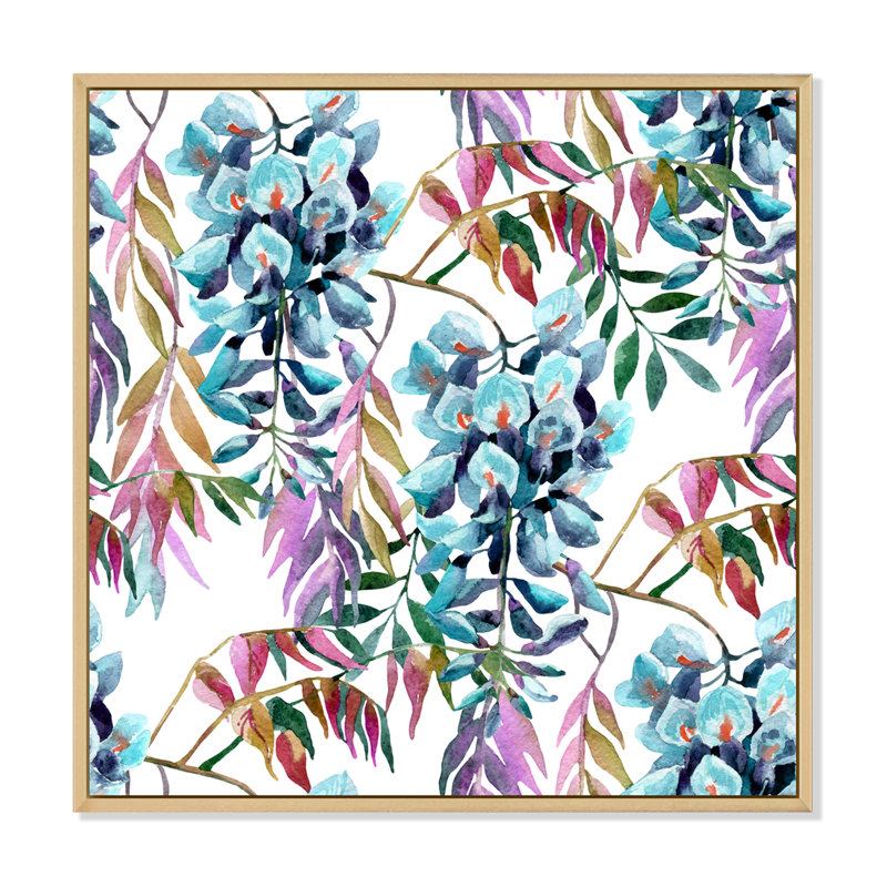 Fleurs de glycine avec feuilles mauves - peinture sur toile, H 30 po x l 30 po x P 1 po, Cadre flottant en érable