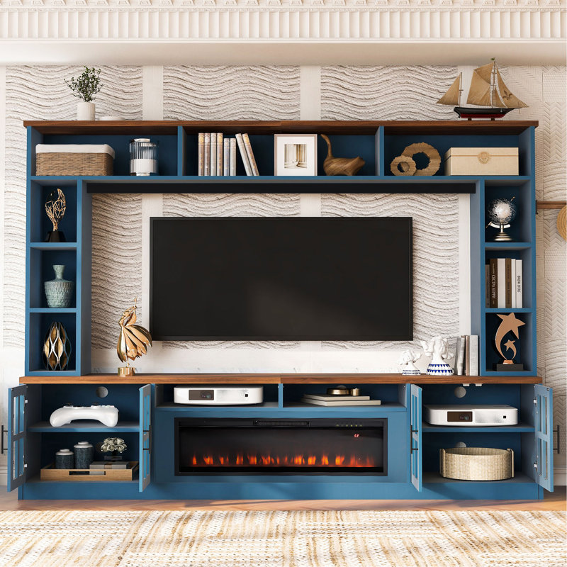 95.5" W Wall Unit Entertainment Center Tvs Up To 80", No, Navy Blue