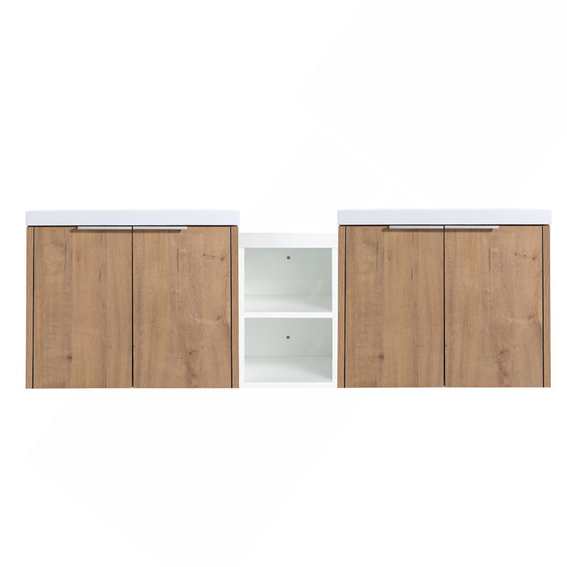 Meuble-lavabo à fermeture en douceur 60 po avec lavabo et petites tablettes de rangement, Brown